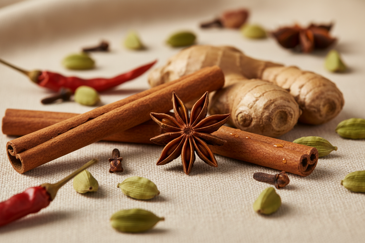Zimt, Ingwer, Nelken, grüner Kardamom, Sternanis und Chili auf einem tollen beigen Hintergrund aus einer spannenden Perspektive, sehr ambient und mit viel Tiefenschärfe - Fokus: Sternanis als die neue Komponente im Rezept